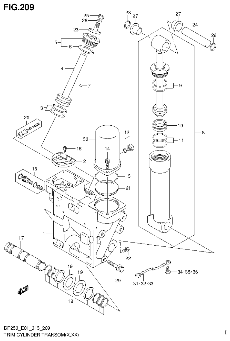 Suzuki DF200T, DF200Z, DF225T, DF225Z, DF250T, DF250Z TRIM CYLINDER TRANSOM(X,XX) (DF200T E1) parts diagram